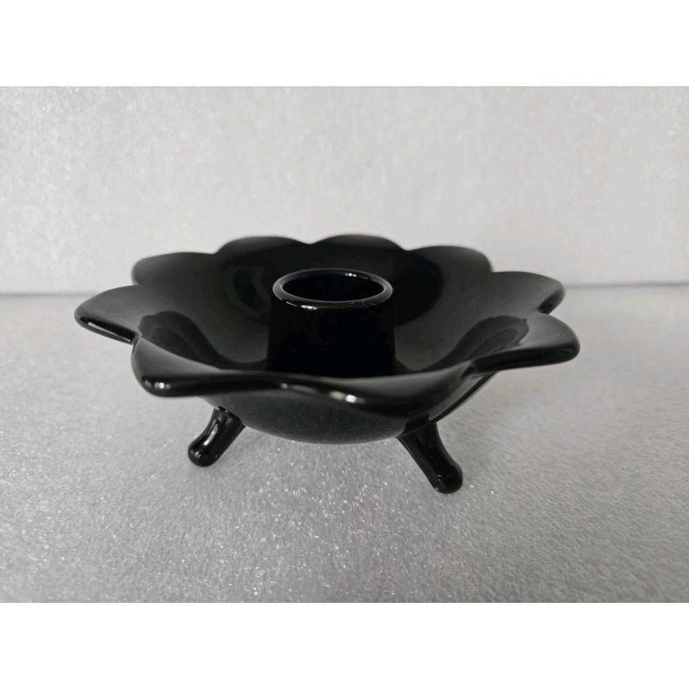 Vtg FENTON BLACK GLASS LOTUS TULIP FLOWER 3 TOED SINGLE CANDLE HOLDER 1930's‎